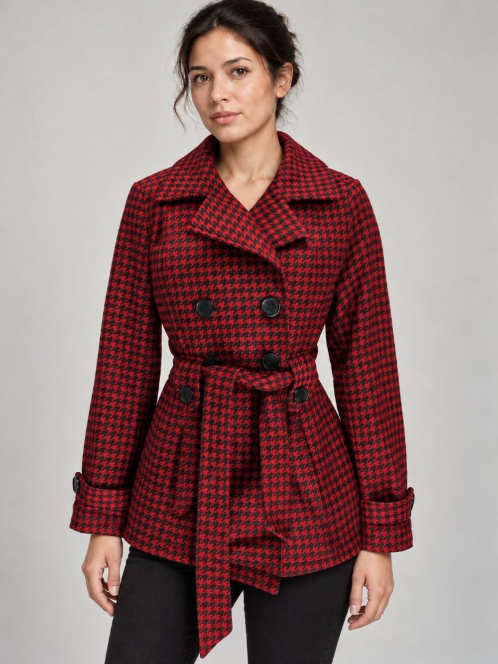 JouJou Red Black Houndstooth Belted Double Breasted Coat M Preppy Style